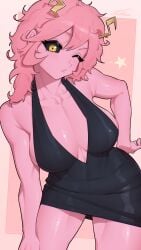 mina_ashido mina_ashido_time-skip ashido_mina_time-skip my_hero_academia tettora boku_no_hero_academia ashido_mina highres 1girl abs black_dress black_sclera blush breasts cleavage collarbone colored_sclera colored_skin covered_navel dress hand_on_own_hip horns large_breasts leaning looking_at_viewer messy_hair one_eye_closed pink_hair pink_skin short_dress short_hair simple_background solo thighs toned toned_female yellow_eyes yellow_horns
