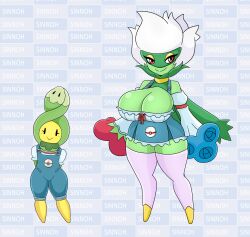 2girls anthro anthropomorphic big_boobs big_breasts breasts budew dress female green_boobs green_breasts hidden_nipples hidden_tits nipples_hidden pokemon pokemon_(species) pokemorph roserade sexy smiling smiling_at_viewer smiling_female tits_hidden urusee584