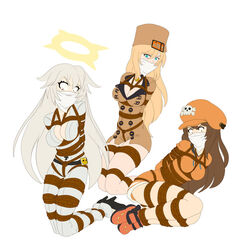 angry arms_behind_back bondage boots breasts female femsub gag gagged gagmanzx guilty_gear guilty_gear_strive heels hoodie jack-o'_valentine may_(guilty_gear) millia_rage multiple_girls multiple_subs over_the_nose_gag pantyhose rope skin_tight struggling