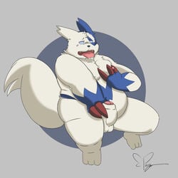 1:1 2021 anthro balls blue_body blue_fur erection fur genitals hi_res male masturbation moobs nintendo nipples overweight overweight_anthro overweight_male penis pokémon_(species) pokemon pokemon_(species) ragnadope simple_background solo tongue tongue_out video_games white_body white_fur zangoose