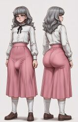 ai_generated androgynous ass_focus big_ass bulge bulge_through_clothing bulge_under_clothes collared_shirt curly_hair fear_and_hunger fear_and_hunger:_termina front_and_back front_view gray_eyes grey_hair marina_(fear_and_hunger) mrnails pleated_skirt rear_view ribbon shirt shoes skirt socks solo trans_woman white_background white_hair white_socks
