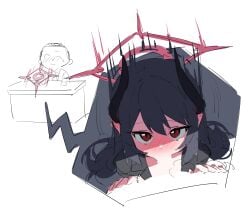 1boy 1girl absurdres black_hair black_horns blue_archive blush chiaki_(blue_archive) commentary_request doodle_sensei_(blue_archive) fellatio halo hetero highres honi_(honi1010) horns korean_commentary long_hair looking_at_viewer nose_blush oral pointy_ears red_eyes red_halo sensei_(blue_archive) slit_pupils sweat under_table white_background