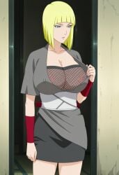 1girls ai_generated areola_slip areolae arms_up back_pain bangs big_breasts black_miniskirt blonde_hair blue_eyes blunt_bangs bob_cut breast_focus breasts breasts_bigger_than_head dress faithful_to_the_anime female female_only fishnets hourglass_figure kageno kimono kunoichi large_breasts light-skinned_female light_skin looking_at_viewer massive_breasts mature mature_female mesh mesh_shirt milf miniskirt naruto naruto_(series) naruto_shippuden ninja no_bra no_bra_under_clothes oppai outdoors pale-skinned_female pale_skin pinup plump presenting presenting_breasts sagging_breasts samui sash short_hair short_skirt sitting skirt solo solo_focus undressing upper_body voluptuous voluptuous_female wafuku wide_hips yellow_hair