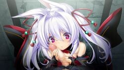 1boy 1girl :o aged_down animal_ear_fluff animal_ears bare_shoulders blush breasts bridal_gauntlets bright_pupils censored corruption dark_persona detached_sleeves fox_ears from_above game_asset hair_between_eyes hair_intakes hair_ornament hair_ribbon handjob hetero imminent_fellatio inoino katsuragi_marina katsuragi_marina_(exs-tia_p) kouyoku_senki_exs-tia long_hair mosaic_censoring non-web_source official_art parted_lips penis penis_awe pink_eyes pov purple_eyes red_eyes red_ribbon ribbon small_breasts solo_focus twintails variant_set visual_novel_cg white_hair white_pupils wide-eyed youko_marina