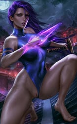 1girls arm_strap armband assassin barefoot betsy_braddock blue_arm_strap blue_armband blue_leotard blue_thong_leotard elizabeth_braddock energy_sword full_moon gritted_teeth hairless_pussy holding_sword japanese katana kneeling kwannon leotard leotard_aside logan_cure marvel moon ninja nude nude_female on_one_knee psylocke purple_eyes purple_hair pussy rooftop skintight sleeveless sleeveless_leotard solo straight_hair sweat sword tagme thong_leotard uncensored x-men