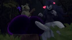 2023 3d 3d_(artwork) anthro anus backsack balls big_butt bodily_fluids breasts butt clothing digital_media_(artwork) dipstick_tail drooling duo erection forest generation_7_pokemon genital_fluids genitals gynomorph gynomorph_human hair heart_symbol hex_maniac hi_res huge_butt human hyper hyper_butt imminent_pokephilia imminent_sex intersex intersex_human long_hair looking_at_butt looking_back male male_anthro mammal markings medium_breasts mimikyu nintendo oakensfm plant pokemon pokemon_(species) pokemorph precum purple_body purple_clothing purple_eyes purple_hair question_mark saliva shrub sitting source_filmmaker_(artwork) spiral spiral_eyes tail tail_markings tree tree_stump wide_hips woodworksfm woodworkssfm yellow_body