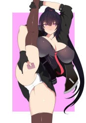 flexible spread_legs panties thighs thick_thighs thick minma character_request purple_eyes black_hair ponytail large_breasts breasts clothed condom condom_in_hand