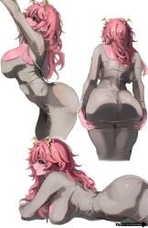 1girl 1girls absurdres ashido_mina ashido_mina_time-skip ass ass_focus big_ass black_sclera blush boku_no_hero_academia breasts cleavage colored_sclera colored_skin dongtan_dress dress grey_dress highres horns lady_shin large_breasts long_hair mina_ashido mina_ashido_time-skip multiple_views my_hero_academia my_hero_academia_(finale) open_mouth pink_hair pink_skin post-timeskip shinjinou slim_waist smile solo taut_clothes taut_dress thick_thighs tight_clothes tight_dress wide_hips yellow_eyes