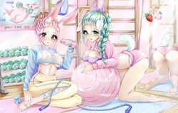 2girls blush bunny_ears bunny_girl female green_eyes green_hair gym mirror multiple_girls pink_hair rosebell_(artist) sportswear tail water