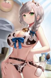 1girls bell belly big_breasts bikini bikini_bottom bikini_top braid breasts cleavage covered_nipples covered_pussy cow_bikini cow_ears cow_horns cow_print eyebrows eyebrows_visible_through_hair eyelashes female female_focus female_only green_eyes grey_hair hololive hololive_fantasy hololive_japan huge_breasts low-tied_long_hair navel roina shirogane_noel smile smiling solo solo_female solo_focus underboob virtual_youtuber