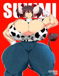 1girls 2018 animal_humanoid animal_print bovid bovid_humanoid bovine bovine_humanoid breasts brown_hair cattle_humanoid cleavage clothed clothing cow_girl cow_print digital_media_(artwork) female female_minotaur female_only gigantic_breasts hair hi_res horns huge_thighs humanoid jeans mammal mammal_humanoid minotaur minotaur_female minotaur_girl monster_girl muscle muscles muscular muscular_female muscular_humanoid one_eye_closed pants red_background simple_background smartuju solo sukimi_(hataraki_ari) thick_thighs watermark wide_hips yellow_eyes