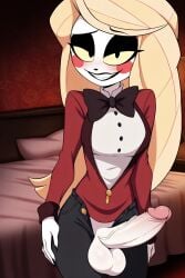 hazbin_hotel vivienne_medrano vivziepop charlie_morningstar_(hazbin_hotel) 1girls 1futa futanari solo looking_at_viewer penis penis_out ai_generated clothed pants jacket unzipped_pants open_fly bedroom erection big_penis balls testicles blonde_hair blush_stickers