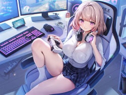 1girl black_skirt blush bra bra_visible_through_clothes breasts brown_hair chair cleavage closed_mouth clothes_lift collarbone collared_shirt computer computer_keyboard computer_mouse controller desk dualsense game_controller gaming_chair gomashio_ponz headphones highres holding holding_controller holding_game_controller indoors knee_up large_breasts looking_at_viewer medium_hair monitor original panties playstation_controller power_bank purple_eyes purple_panties school_uniform shirt shirt_tucked_in sitting skirt skirt_lift smile socks solo speaker swivel_chair thighs underwear white_shirt white_socks wooden_floor
