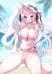 ayuma_sayu original highres 1girl adjusting_clothes adjusting_headwear bare_shoulders beach bikini black_ribbon blue_bow blue_eyes blue_sky bow bow_earrings breasts cleavage closed_mouth cloud cloudy_sky coat collarbone earrings frilled_coat frills front-tie_bikini_top front-tie_top hair_between_eyes hair_bow hair_ribbon hat hat_ribbon huge_breasts jewelry legs light_smile long_hair long_sleeves mountainous_horizon multi-strapped_bikini navel ocean open_clothes open_coat outdoors palm_tree pink_bikini pink_hair ribbon side-tie_bikini_bottom sitting sky sleeves_past_fingers sleeves_past_wrists solo stomach sun_hat swimsuit thighs tree twintails wariza water white_coat white_hat
