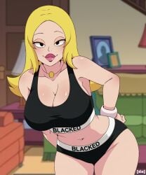 1girls ai_assisted ai_generated american_dad armwear big_breasts big_lips bimbo blacked blacked_clothing blonde_hair blue_eyes bracelet breasts cleavage clothing dalley_le_alpha edit female female_only francine_smith grok hair hand_on_hip hips huge_breasts lips long_hair mature mature_female mature_woman milf mother necklace neckwear panties solo solo_female sports_bra thick_lips wide_hips