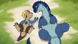 alamosaurus ambiguous_gender animal_genitalia black_eyes blue_body claws cloaca dakotaraptor digital_media_(artwork) dinosaur dromaeosaurid duo feathered_dinosaur feathered_scalie feathers female_(lore) feral genitals grass hi_res kota_(talon) legs_up looking_at_another lunar_dragon_entertainment lying macronarian male_(lore) multicolored_body multicolored_feathers on_back on_ground outside plant prehistoric_species reptile saltasaurid saurischian sauropod sauropodomorph scalie size_difference smile spreading tail talon_(talon) talon_and_the_champions_of_saurithia theropod titanosaurian yellow_sclera young_(lore) zeklullaby