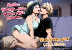 1boy 1girl ai_generated ass bakugou_katsuki black_shirt blonde_hair blush boku_no_hero_academia breasts cheating_(relationship) cleavage couch dress earrings english_text freckles french_kiss girl_on_top green_hair hat hetero inko_midoriya jewelry katsuki_bakugou kiss large_breasts long_hair mature_female midoriya_inko midoriya_izuku my_hero_academia open_mouth oralcle pants saliva sandals sex shirt sitting spiked_hair straddling sun_hat sweat teeth tongue tongue_out twitter_username
