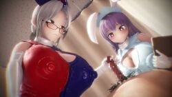 1boy 2girls 3d_animation boobjob breasts breasts_on_face bunny_ears bunny_girl censored cleavage cleavage_cutout cleavage_window cum cumming_from_paizuri doctor doctor_on_patient eirin_yagokoro ejaculation erect_nipples erect_nipples_under_clothes face_on_breast fat_male glasses gloved_handjob gloves grey_eyes hand_on_penis handjob handjob_with_gloves head_on_breasts holding_penis japanese_text longer longer_than_3_minutes lunarian nurse_cap nurse_hat nurse_uniform old_male paizuri petting pink_hair pubic_hair red_eyes reisen_udongein_inaba reverse_paizuri showing_breasts sound tagme taka84 threesome titjob touching_penis touhou ugly_man video white_gloves white_hair