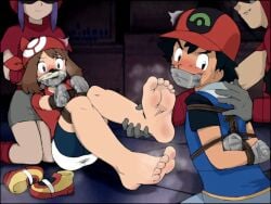 2girls2boys absurdres artist_request ash_ketchum barefoot blush blushing bondage feet feet_up female_focus foot_fetish foot_focus foot_musk foot_worship grunt_(pokemon) headband highres huffing_feet humiliation may_(pokemon) pink_soles pokemon presenting_feet restrained shoes_removed showing_feet smelling_feet smelly_feet sniffing_feet sock_in_mouth socks_removed soles soles_fetish steaming_feet stinky_feet sweaty_feet tied_up toes tomboy