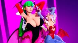 darkstalkers lilith_aensland morrigan_aensland size_difference size_comparison large_breasts hand_behind_head succubus honey_select 3d thighs tounge_out prevence