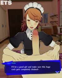 maid_outfit maid_uniform maid brown_hair brown_eyes blushing blush erection erect_penis pubic_hair blue_pubic_hair hands_on_hips looking_at_partner looking_at_penis looking_at_partner's_genitalia looking_at_partner's_penis mouth_closed smiling smiling_at_partner smiling_at_partner's_penis smiling_at_partner's_genitalia eulathighstraps persona persona_3 makoto_yuki yukari_takeba bed bedroom before_sex before_blowjob text text_box