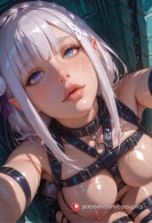 ai_generated anime beautiful big_ass big_breasts bondage bondage_harness bondage_outfit boobs booty breasts busty collar curvy cute elf elf_ears elf_female elf_girl emilia_(re:zero) eye_contact fanart female fit fit_body fit_female garter_belt garter_straps hair_flower hair_ornament highres hot kneeling large_ass large_breasts leather_harness long_eyelashes long_legs looking_at_viewer naked nude patreon puffy_lips puffy_nipples purple_eyes re:zero re:zero_kara_hajimeru_isekai_seikatsu round_ass round_breasts round_butt selfie sex sexy slim_waist thick_ass thick_thighs waifu white_hair wide_hips