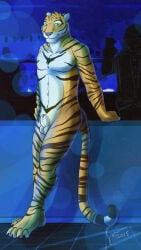 2015 9:16 animal_genitalia anthro balls closed_smile dated duo felid front_view full-length_portrait fur genitals glistening glistening_eyes green_eyes head_tuft hi_res hufnaar looking_at_viewer male male_anthro mammal markings mouth_closed nude pantherine penis penis_tip portrait red_penis sheath signature slim_anthro slim_male smile solo_focus standing striped_arms striped_legs striped_markings striped_tail stripes tail tail_markings tiger tuft ulbrek white_balls white_body white_fur white_sheath yellow_body yellow_fur