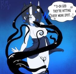 1girls bent_wrist black_hair blue_eyes grabbing_horns heart-shaped_pupils lingerie oni riley_moore_(artist) sex shocked spooky_(ahegaokami) tentacle tentacle_sex text_bubble thighhighs white_skin