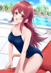 1girls :d ass breasts competition_school_swimsuit competition_swimsuit highres idolmaster idolmaster_shiny_colors kneeling komiya_kaho long_hair looking_at_viewer medium_breasts miso_(misomiso_154) one-piece_swimsuit open_mouth pool red_eyes red_hair school_swimsuit seiza sidelocks sitting smile solo swimsuit