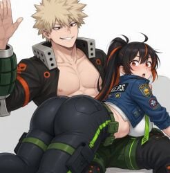 ai_generated big_ass blonde_hair blush female huge_ass imminent_spanking katsuki_bakugou muscular muscular_male my_hero_academia police police_uniform tight_clothing zenless_zone_zero zhu_yuan