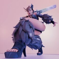 blonde_hair feet feet_focus female female_only fully_clothed fur high_heels hotkuppakaffree looking looking_at_viewer magik_(illyana_rasputin) magik_(infernal_idol) magik_(marvel_rivals) marvel marvel_comics marvel_rivals pinup solo solo_female solo_focus stockings sword thighs