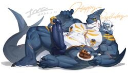 absurd_res aquatic biceps blue_body cake claws dated dessert erection finger_claws fish food forgetch genital_piercing genitals glans green_eyes hi_res humanoid_genitalia humanoid_penis looking_at_viewer male navel nipples pecs penis penis_piercing piercing prince_albert_piercing scar shark simple_background smile solo tail toe_claws white_background