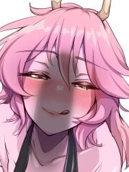 1boy 1girl absurdres aroused ashido_mina ashido_mina_time-skip bare_shoulders black_dress black_sclera boku_no_hero_academia chanwara_06 chanwara_06_(sabwara06/wara3977712) closed_mouth collarbone colored_sclera colored_skin commentary dress english_commentary hair_between_eyes half-closed_eyes halterneck highres horns licking_lips looking_at_penis mina_ashido mina_ashido_time-skip my_hero_academia orange_eyes out_of_frame paid_reward_available penis_shadow pink_hair pink_skin portrait seductive_smile shirt short_hair smile solo_focus tongue tongue_out