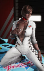 3d big_breasts breasts brown_eyes brown_hair brown_skin brown_skinned_female busty car darts77 dead_or_alive female female_focus female_only hourglass_figure large_breasts lisa_hamilton makeup nail_polish pinup pinup_pose racing_suit scarf short_hair tagme wide_hips
