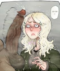 lucumano oc original original_character big_penis big_balls veiny_penis vein veins veiny_balls ballsack circumcised smegma precum precum_on_penis semen semen_dripping hairy_balls big_cock milf mother_and_son simple_background blonde_hair blonde_female blonde-haired_female sweat sweatdrop sweating sweaty nervous_sweat nervous nervous_face nervous_expression nervous_female sweater green_fingernails blush blushing horrified_expression odor disgusted disgusted_expression smelly_cock smelly inminent_sex inminent_blowjob inminent_incest incest