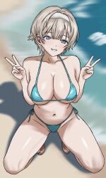 barefoot beach bikini blush double_v goddess_of_victory:_nikke huge_breasts micro_bikini prika_(nikke) shadow smile squatting toes