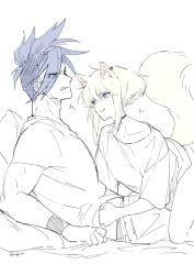 1femboy 2boys androgynous blonde_hair bob_cut cat_ears cat_tail catboy choker collar femboy feminine_male galo_thymos gay hand_under_clothes lio_fotia on_lap on_top promare questionable short_hair size_difference suggestive twink wholesome yaoi