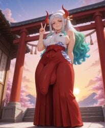 hi_res highres high_resolution high_quality self_upload patreon civitai stable_diffusion ai_generated ai_art upscaled uncensored futanari futa_focus dickgirl penis busty curvy curvy_figure balls ballsack dickgirl_focus huge_penis huge_cock cock yuckle one_piece yamato_(one_piece) dress clenched_teeth smug smug_face looking_at_viewer smile smiling_at_viewer smirk bulge bulge_through_clothing bulge_under_clothes peace_sign long_hair multicolored_hair tall low-angle_view below_view viewed_from_below