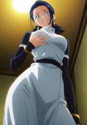 1girls ai_generated big_ass big_breasts black_hair blue_eyes earrings groping groping_breasts groping_self imminent_sex jujutsu_kaisen jujutsu_kaisen_modulo jujutsu_tech_uniform looking_at_viewer looking_down seductive smiling smiling_at_viewer yuka_okkotsu