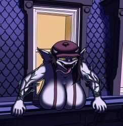 1girls 2d 2d_(artwork) almost_naked artist_request bent_over black_hair boobs deadlock exausted female gargoyle grey_body hat horns horny_expression ivy_(deadlock) long_ears long_tongue nose_piercing pleasure_face sharp_teeth suspenders vines window yellow_eyes