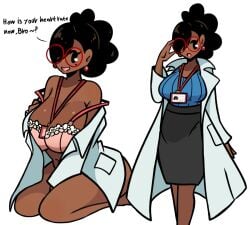 murgoten bro_(murgoten) 1girls 1girl solo solo_female female dark-skinned_female dark_skin black_hair doctor glasses cleavage bra tagme 2026 english_text english coat lanyard tagme_(source) source_request