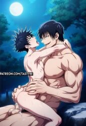 sexdyaoi ai_generated jujutsu_kaisen fushiguro_megumi toji_fushiguro twink pale_skin pale-skinned_male daddy_and_twink dad_fucking_son incest night night_sky muscular_male gay homosexual homosexual_sex tongue_out big_top big_top_small_bottom dad_and_son delicate_bottom