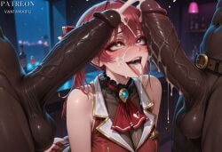 vantawaifu ai_generated houshou_marine houshou_marine_(1st_costume) 1st_costume 1girl multiple_boys cum virtual_youtuber dark-skinned_male breasts dark_skin red_eyes penis red_hair yellow_eyes interracial group_sex heterochromia testicles tongue large_penis uncensored large_breasts hetero long_hair open_mouth twintails cleavage tongue_out threesome veiny_penis veins ejaculation facial 2boys heart-shaped_pupils blush erection symbol-shaped_pupils mmf_threesome hair_ribbon heart see-through solo_focus huge_penis ascot red_ribbon see-through_cleavage cum_in_mouth bare_shoulders ribbon night very_dark_skin teeth nude clothed_female_nude_male see-through_leotard indoors 3boys frilled_choker cum_on_tongue hololive hololive_japan