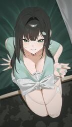 looking_at_viewer looking_up breasts big_breasts dark_hair mint_(nikke) sitting sitting_on_bed beauty_mark green_eyes nail_polish long_nails green_nail_polish mostly_clothed goddess_of_victory:_nikke mhm2592 tagme 1girls female female_only pale-skinned_female pale_skin bell hair_ornament