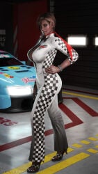 3d big_breasts breasts brown_eyes brown_hair brown_skin brown_skinned_female busty car darts77 dead_or_alive female female_focus female_only hourglass_figure large_breasts lisa_hamilton makeup nail_polish pinup pinup_pose racing_suit scarf short_hair tagme wide_hips