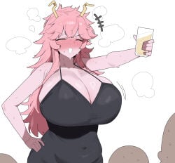1girl 3boys absurdres alcohol alternate_breast_size_(larger) ashido_mina ashido_mina_time-skip beer black_dress blush boku_no_hero_academia breasts citizen_k citizen_k_(pngj5475) cleavage closed_eyes colored_skin commentary cup dress hand_on_own_hip highres holding holding_cup horns huge_breasts laughing long_hair mina_ashido mina_ashido_time-skip multiple_boys my_hero_academia open_mouth paid_reward_available pink_hair pink_skin sleeveless sleeveless_dress smile solo_focus standing sweat white_background