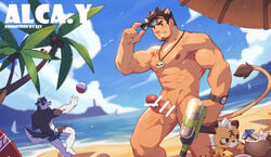 2boys abs absurdres alca animal_ears bar_censor bara beach beard black-framed_eyewear black_hair censored commission completely_nude contrapposto dark-skinned_male dark_skin day erection eyewear_removed facial_hair goatee gyee highres holding holding_water_gun horkeukamui large_pectorals leg_hair lion_boy lion_ears lion_tail looking_at_viewer male male_focus male_only male_pubic_hair male_swimwear mature_male multi_ear multiple_boys muscular muscular_male navel navel_hair nipples nude original pectorals penis pubic_hair sand short_hair sideburns stomach stubble sunglasses sunlight swim_trunks tail thick_eyebrows thighs tokyo_afterschool_summoners tokyo_houkago_summoners undercut veins veiny_penis water_gun zixiong_zix