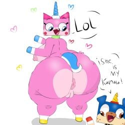 1:1 1boy 1girls 2025 absurd_res anthro anus artist_name ass bent_over big_ass big_breasts big_butt blue_tail bodily_fluids breasts butt catgirl collar domestic_cat domestic_dog english_text felid feline felis fur genitals green_collar happy heart heart_symbol hi_res horn huge_ass huge_butt lego looking_back looking_down male mammal open_mouth pink_body pink_fur pussy rear_view simple_background solo solo_female speech_bubble spiked_collar spikes tail text the_lego_movie thick_thighs two_tone_tail unicorn unicorn_horn unikitty unikitty! unikitty_(series) unknown_artist vulva white_background white_tail wide_hips