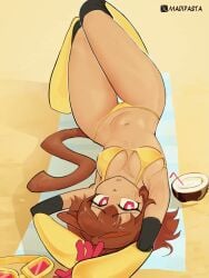 1girls armpits artist_name artist_request beach bikini breasts cat_ears cat_girl cat_tail catgirl cleavage furry gameoverse gloves kit_(gameoverse) kit_bodega looking_at_viewer medium_breasts navel red_eyes short_hair solo swimsuit tagme tail thigh_gap twitter_username video yellow_bikini
