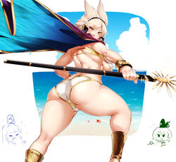 3girls arched_back ass bare_back beach blonde_hair breasts brown_eyes cape day earmuffs feet_out_of_frame gold_trim large_breasts long_hair looking_at_viewer looking_back mononobe_no_futo multiple_girls muscular ocean sekiyu_(spartan) soga_no_tojiko solo_focus staff thick_thighs thighs toned touhou toyosatomimi_no_miko underboob